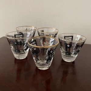 Vintage Shot Glasses with Gold Rim and Black Design